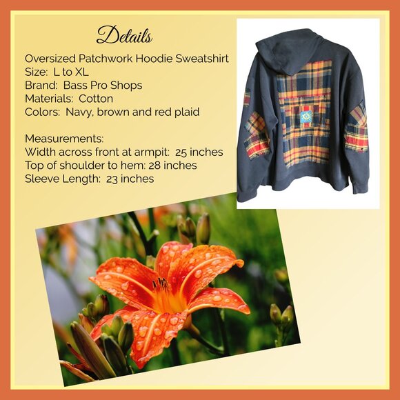 Upcycled Patchwork Hoodie, L-XL: Oversized Grunge Sweatshirt, Navy Plaid Flannel - Picture 4 of 15